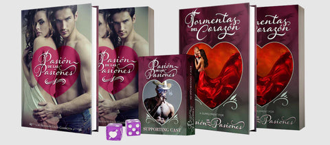 Several products for Pasion de las Pasiones - two books with the image of a couple dramatically embracing, two books with a woman in a billowing red dress, a deck of cards with a man in a cowboy hat, and purple dice