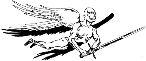 An illustration of planetars from Dragon magazine. It shows a black and white lineart drawing of a bald man with wings and a sword flying