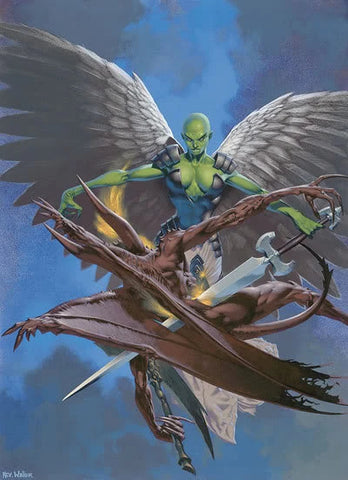 An illustration from 4e dnd of a planetar fighting a demon. The planetar is flying, with spread white wings and blueish skin, striking down a bat-like devil or demon of some kind