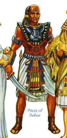 An illustration of a priest of Anhur, a man with bright red skin, egyptian garb and weapons and a several tattoos