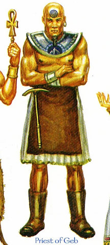 An illustration of a priest of Geb. He appears to be a golden skinned human man who is bald ,wearing a white skirt with a dark brown apron over it