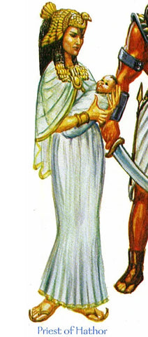 An illustration of a priestess of Hathor. She is a beautiful woman with dark hair, wearing a simple white dress and an elaborate headpeice, holding an infant in her arms