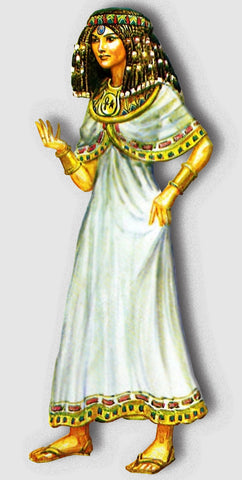 An illustration of a priestess of Isis. She is a beautiful young woman wearing a white dress, a golden headdress and necklace, and smiling toward someone unseen