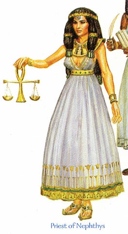 An illustration of a priestess of Nephthys, a woman with dark hair and a white dress, holding a set of scales with an ankh, and elaborate golden detailing on her hem