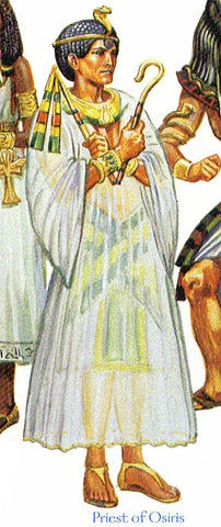 An illustration of a priest of Osiris, a man wearing white ancient egyptian robes, and holding a godlen crook and flail