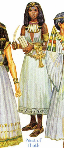 An illustration of a priestess of Thoth, a dark skinned woman in a white dress, holding a scroll and plume