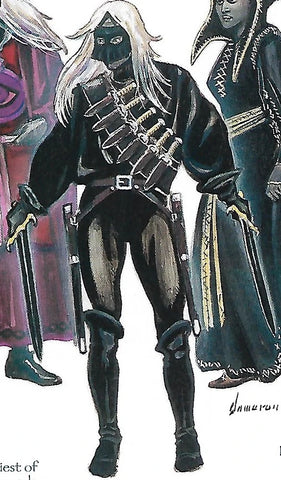 An illustration of a priest of Vhaeraun, possibly a darkmask. He is a dark grey skinned elf with long white hair, and black clothing with a bandolier over one shoulder