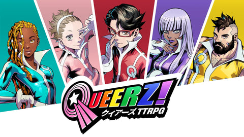 An advertising banner for QUEERZ. It shows 5 character headshots in an anime artstyle, each against a block of different color: teal, pink, red, purple, and yellow