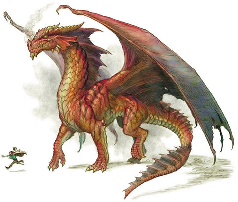 An illustration of a red dragon, with a tiny human in front of it, running away in fear