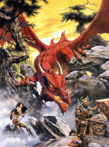 An illustration of a red dragon climbing over a mountain against a yellow sky. Two small adventurers are evidently fighting it, facing it with weapons. 