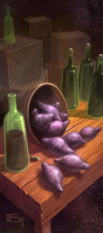 An illustration of a barrel of purple turnips next to a green bottle, spilling out onto a table