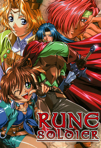 An illustration from the dvd of Rune Soldier Louie. A man with long blue hair and green armor stands in front of several closeups of woman with various colored hair. 