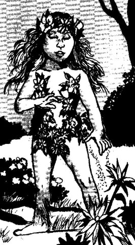 A black and white illustration of Sheela Peryroyl. She is a halfling woman wearing an outfit made of leaves and using magic to grow plants. 