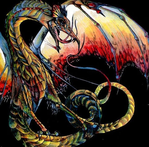 An illustration of Sardior, a ruby dragon with yellow and red scales against a black background