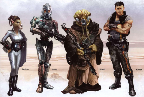 A photo of 4 star wars species: bothan, droids, humans, and gands