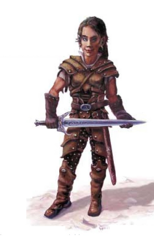 An illustration of a blade bravo, a gnome wooman in leather armor holding a short sword.