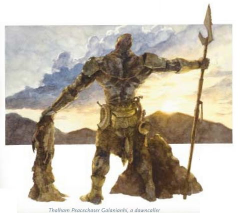 An illustration of a Dawn Caller. It shows a goliath facing away from the viewer and toward a sunset, holdinga spear and a robe, evidently singing