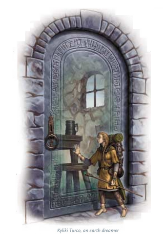 An illustration of a Earth Dreamer. It shows a gnomish wizard in brown robes holding a torch and approaching a stone door, seeing thorugh it into a room