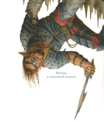 An illustration of a Stonedeath Assassin. It shows a hobgoblin in leather armor hanging from the top of a cave, holding a knife and snarling at the viewer