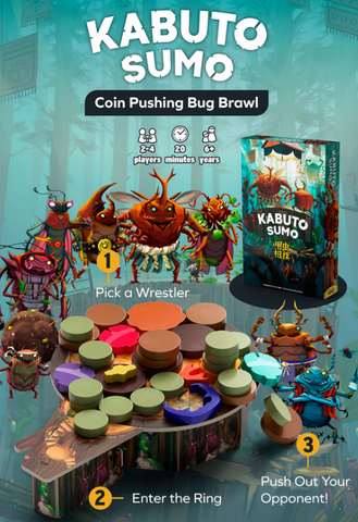 A promotional photo of the contents of the game Kabuto Sumo. it shows the game box, a cardboard ring that looks like a tree stump covered in round wooden tokens, and art of bug wrestlers in front of a blue background