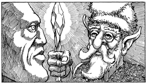 An illustration of Seojan Earthcaller in black and white. He appears to be a thin gnome with a large floppy hat, curled moustache and beard, and a glowing staff. 