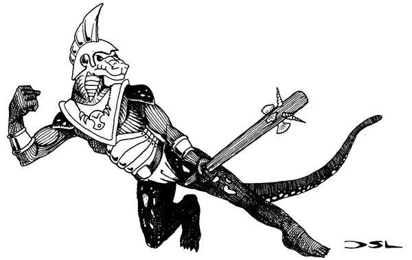 A lineart illustration of Semuanya, a lizard man wearing a loincloth, helmet, and armor, and holding a club