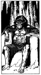 A black and white illustration of Shargaas, a shirtless orc wearing a cloak and seated on a stone throne