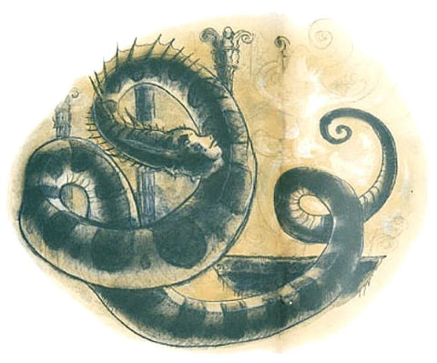 An illustration of Shekinester a snake like creature witha womans face, curling around a plinth