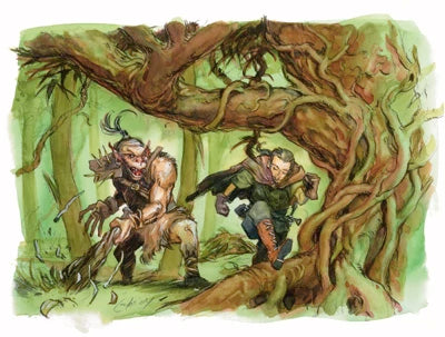 An illustration of Brandobaris, a halfling in dark clothes, running from a troll in the forest
