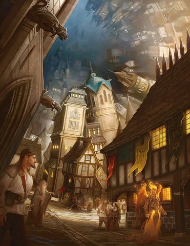 An illustration of Sigil, a crowded city with brown stone buildings and a large number of people in plain clothes milling about against a dark blue sky. Some of the buildings seem to be sideways or lopsided.