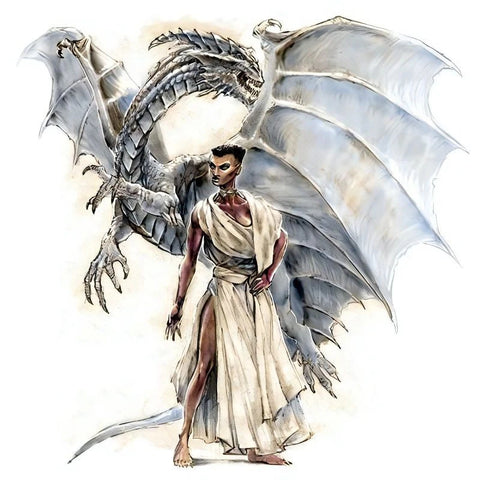 An illustration of a song dragon from 3e dnd. It shows a dark skinned woman with short hair in white robes standing in front of a silver-colored dragon mid-flight