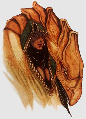 An illustration of a song dragon. it shows an orange colored dragon head curled around the bust of a dark skinned and haired woman wearing a dark green hood