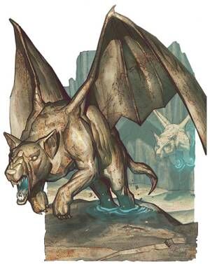 An illustration of a stony-looking doglike creature with bat wings, leaping out from a cavernous background