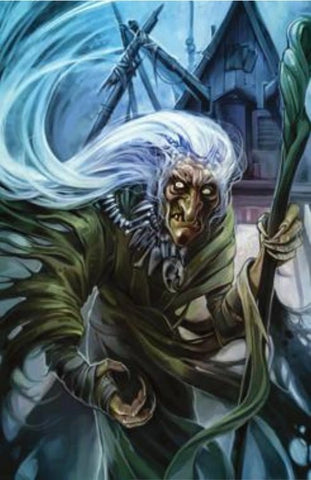 An illustration of a hag, an old woman with white hair and rotten clothes, glaring at the viewer from a snowed-on town