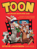 An image of the cover of the "TOON" game. It features several cartoon animals, including a rabbit, cat, dog, and duck, emerging from a film silhouette, while a cartoon man is launched on a missile, into a red background. 