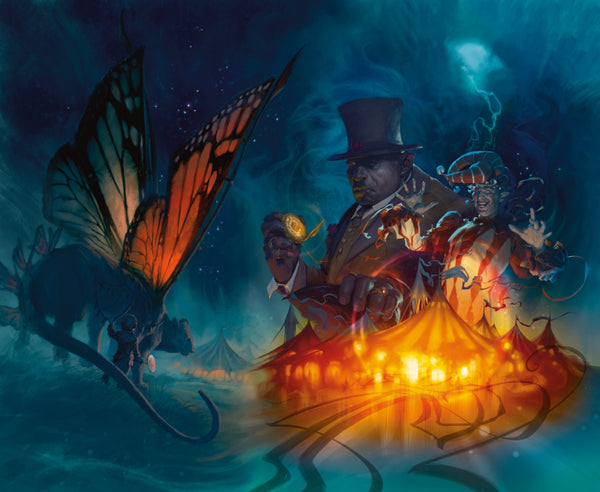 The cover art for the Wild Beyond the Witchlight book. It shows the carnival owners' busts above a well lit carnival, and a displacer beast with butterfly wings next to them