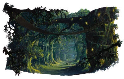 An illustration of a forest in Faerun. A number of dark trees surround a green path