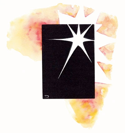 An illustration of the symbol of Tamara, a diagonal star with seven points, placed in the corner of a black rectangle