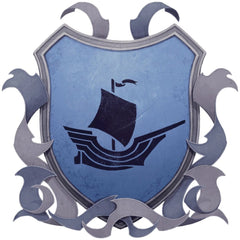 An illustration of Targos' herladry, a black single-sailed ship on a blue shield with silver and grey filigree surrounding it