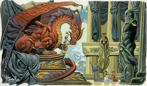 An illustration of the dragon Tchazzar from D&D. It shows a red dragon sitting on an altar-like throne, with several small humans offering them gifts. 