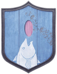 An illustration of Termalaine's heraldry, a white fish opening its mouth toward a termaline stone against a blue shield