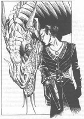 An illustration of Theodain, an elf with dark hair and dark clothing, leaning against a dragon wearing some kind of barding armor