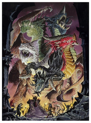 An illustration of Tiamat, a multicolored seven headed dragon
