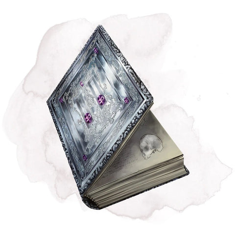 An illustration of the Tome of Clear Thought, a silver book with purple gems