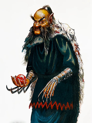 An illustration of a priest of Urdlen. He appears to be a bald, tall humanoid with dark tattered clothing and a fur cloak, and long curled fingernails. On his shoulder is a small white mole. 