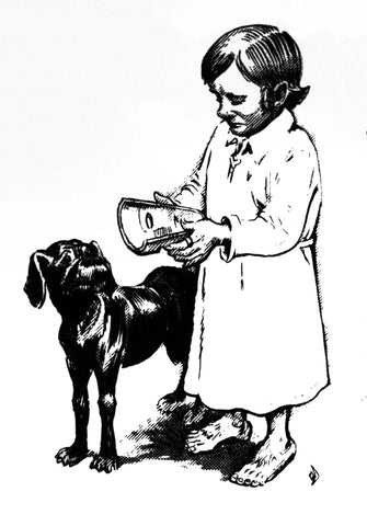 A  black and white illustration of Urdogalan, a halfling in a simple robe holding a bowl and standing next to a small black dog