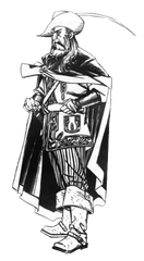A full body, black and white illustration of Warnes Starcoat, a man with a plumed hat and short cloak, as well as large, musketeer-style boots.