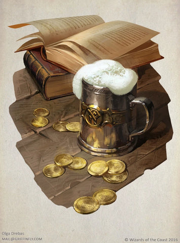 An illustration of a tankard of something foaming, a few gold coins, and a stack of books. The Tankard bears a logo for the Yawning Portal