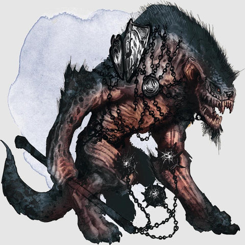 An illustration of Yeeonghu, a hyena-like monster with a burning skull-like upper face, holding a flail.