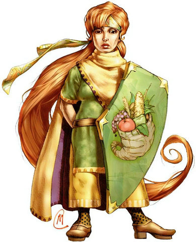 An illustration of Yondalla, the goddess of halflings. She looks like a short humanoid with blonde hair and green and yellow clothes, and holds a large shield with the image of an overflowing cornucopeia on it